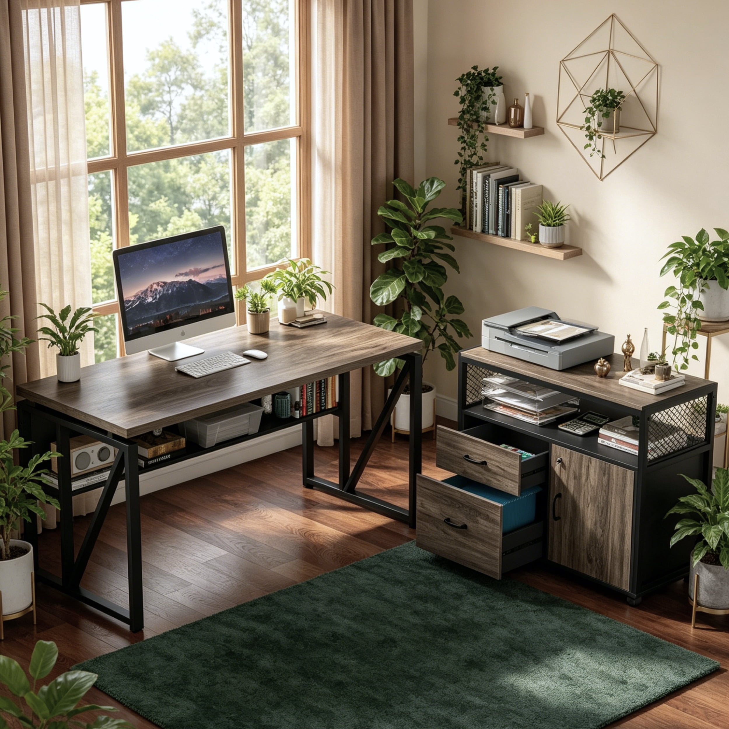 Fnova 55" Industrial Desk, 2-Piece Executive Desk Computer Desk Writing Desk with Rolling Filing Cabinet Set with Lockable Storage, Drawers for Home Office