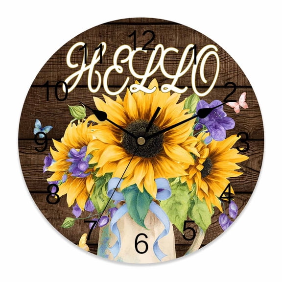 Wall Clock 10 Inch Sunflowers Kettle Brown Wooded Hello Round Silent Decorative Wall Clocks Battery Operated for Living Room Bedroom Kitchen Classroom Decor, Spring Flowers