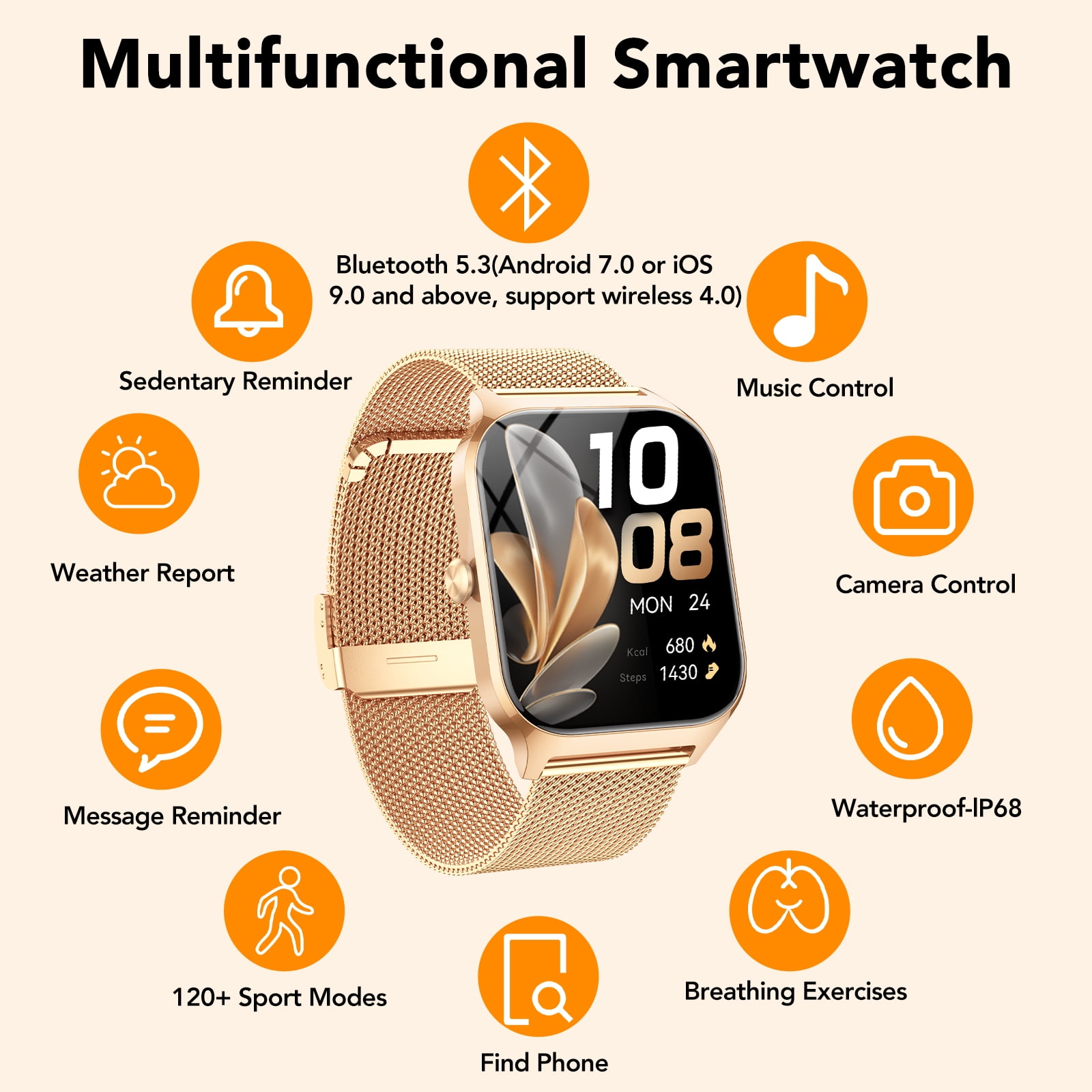 Smart Watch Fits for Android and IPhone, 1.85 inch Fitness Tracker, Women's Smartwatch with Answer/Make Calls/120+ Sports Modes/Message Reminder, IP68 Waterproof, for Gift Rose Gold