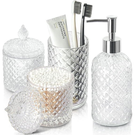 Bathroom Accessories Set, 4 Pack Clear Glass Bath Accessory Sets Complete, Diamond Soap Dispenser and Toothbrush Holder Set for Counter Organizer Essentials, Modern Decor