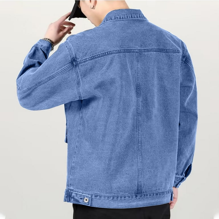 Light Royal Blue Collared Turtleneck Neck Denim Jacket for Mens