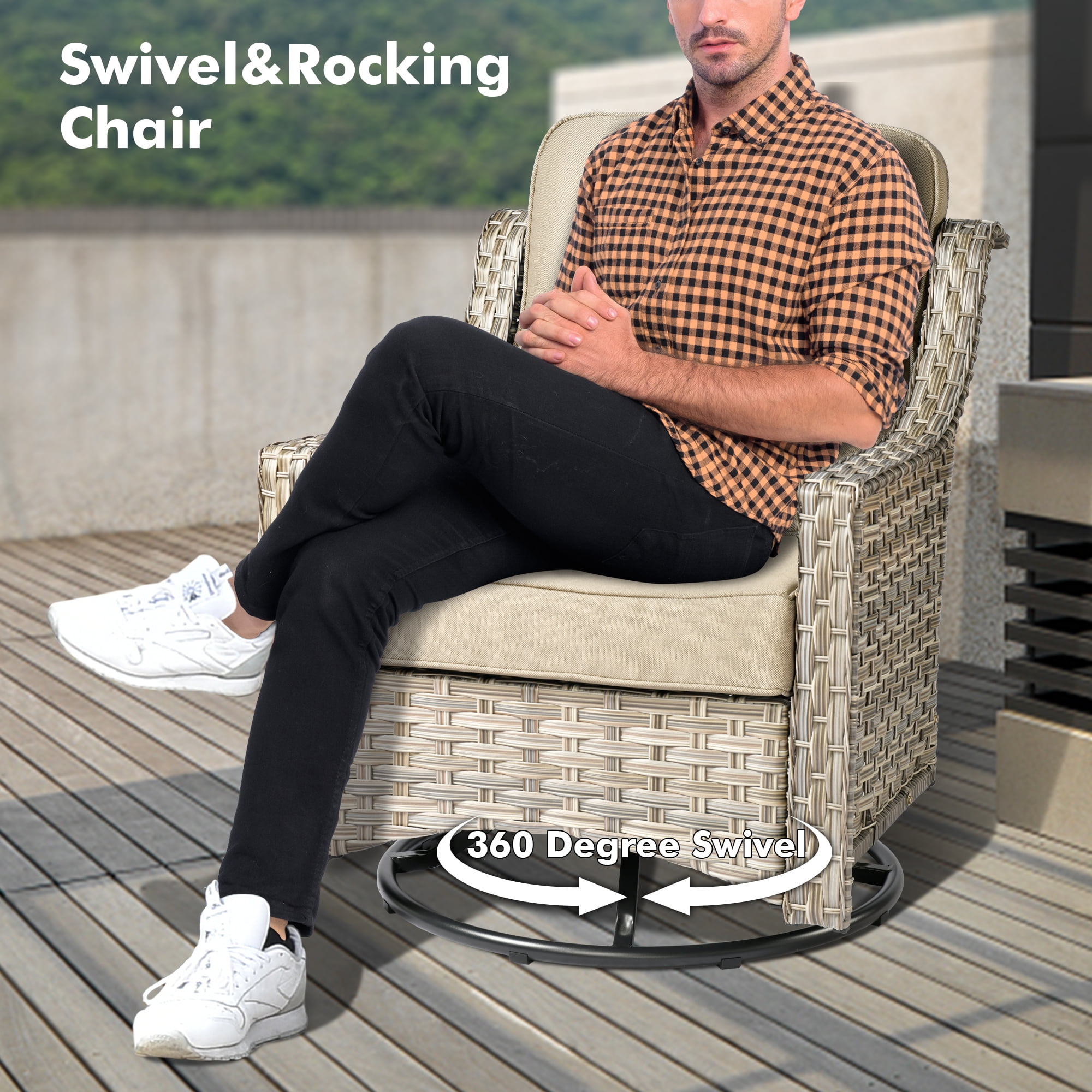 Ovios 6 Pieces Patio Furniture Set All-Weather Outdoor Sectional Patio Sofa Wicker Rattan Conversation Set with Swivel Rocking Chairs for Backyard