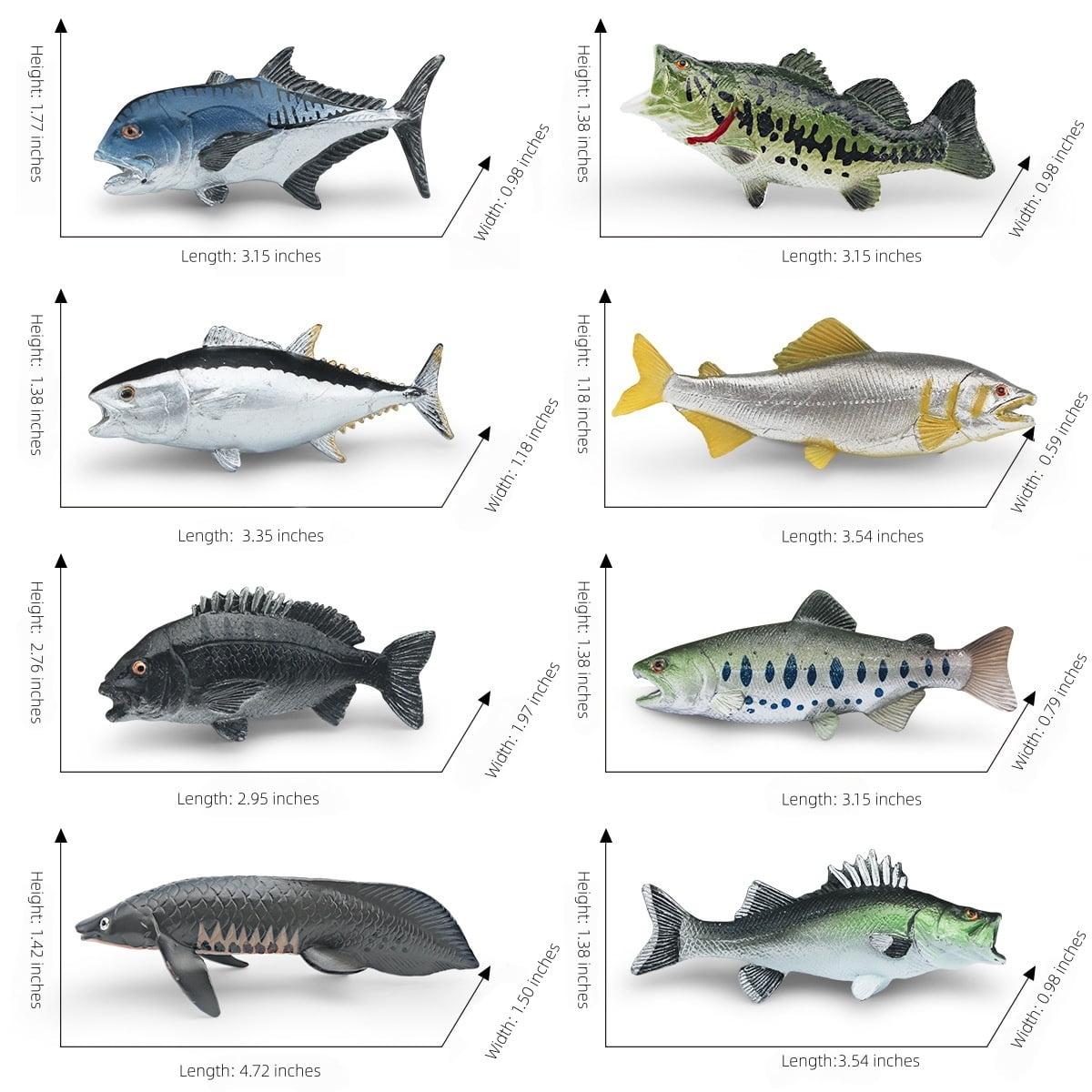 Realistic Ocean Fish Figurine Set, Lifelike Marine Animal Miniatures Including Tuna, Snapper, Bass, Salmon & Mackerel, Educational Sea Life Toy Collection and Aquarium Display Decor   One set, 8 tota