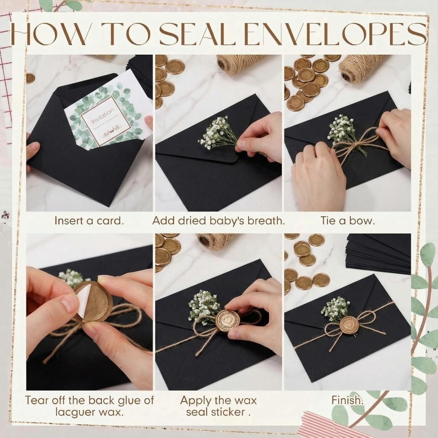 50 Sets Wedding Invitations Wraps Set Include Envelope for 5 x 7 Inch Invitations Self Adhesive Gold Wax Seal Sticker Dried Flowers for DIY Photos Cards Dining Table(Classic,Black)