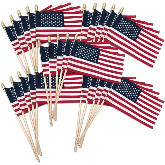 Super Tough Small American Stick Flags 4’’x6’’ | Cotton Outdoor Flag on 10’’ Wooden Stick with Spear Tip | Mini Flags Patriotic Decor for Various Holiday Parties and National Flag Day | 25 Pack