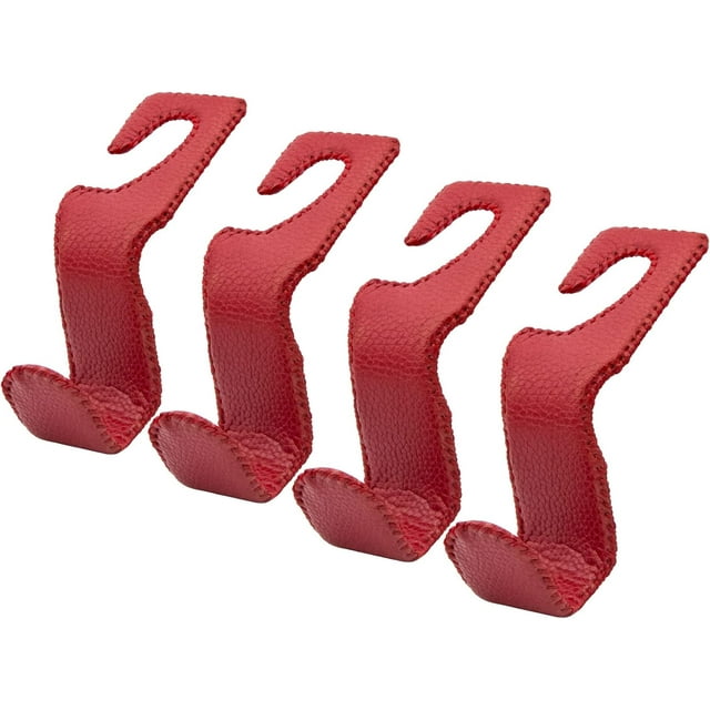 Car Headrest Hooks - Leather Car Purse Hanger Holder for Hanging Purses, Bags and Coats - 4 Pack/Red