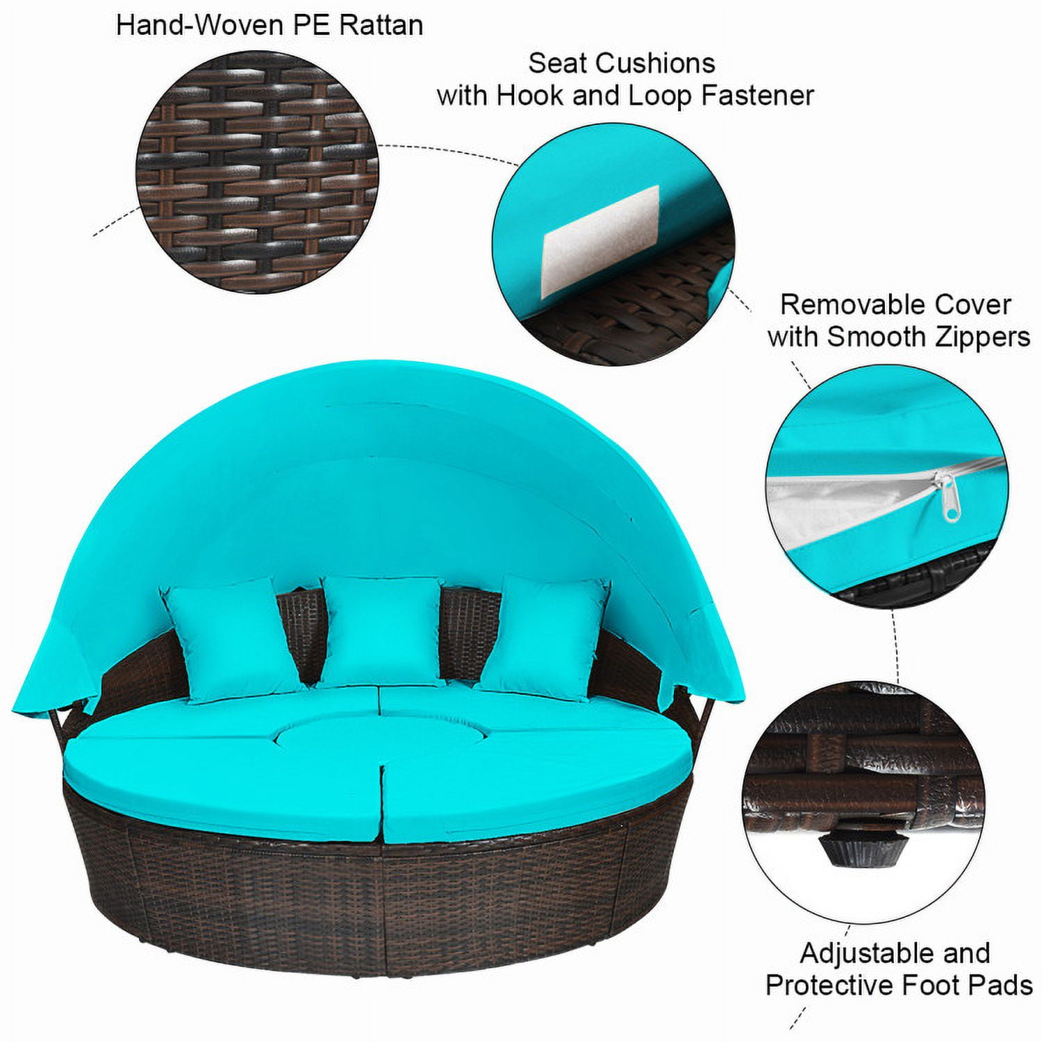 Aimee Lii Patio Round Rattan Daybed with Retractable Canopy and Height Adjustable Coffee Table, Outdoor Patio Set, Turquoise Aimee Lii Patio Round Rattan Daybed with Retractable Canopy and Height Adjustable Coffee Table, Outdoor Patio Set, Turquoise