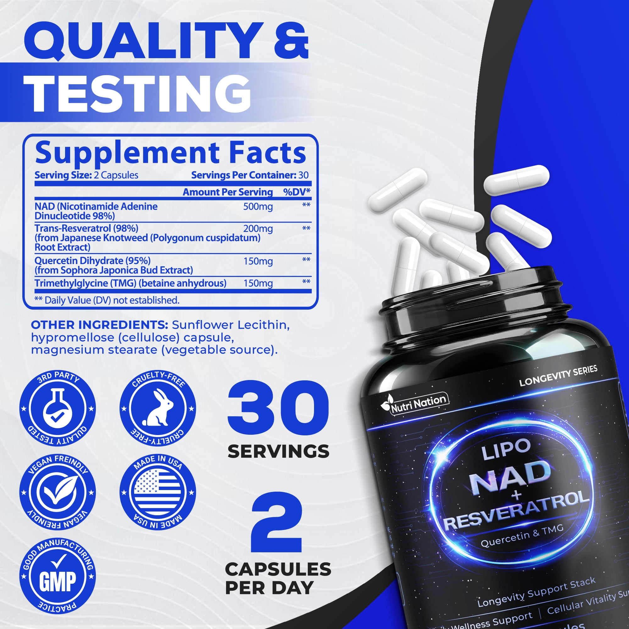 Liposomal NAD Supplement with Resveratrol, Quercetin and TMG for Anti Aging and Cell Regeneration, 3 Bottles, 180 Capsules