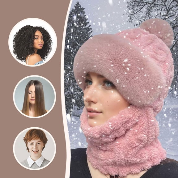 1Pc 3 In 1 Hat With Scarf and Mask Winter Knit Hats for Women,Women Knitted Balaclava Hood Plush Lined Winter Scarf Mask Set Warm Snow Caps,Women’s Knitted Beanie Hat with Face Cover,Pink,9.8x13.8"