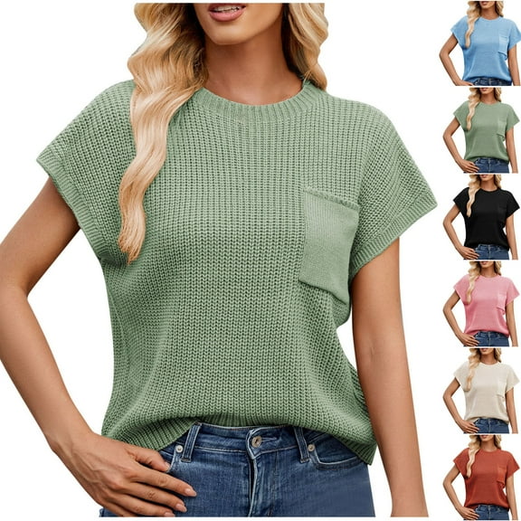 Zpanxa Womens Summer Tops, Women's Shoulder Pocket Sweater Top Short Sleeve Solid Color Casual Knit Blouse Spring Fashion Layering Piece