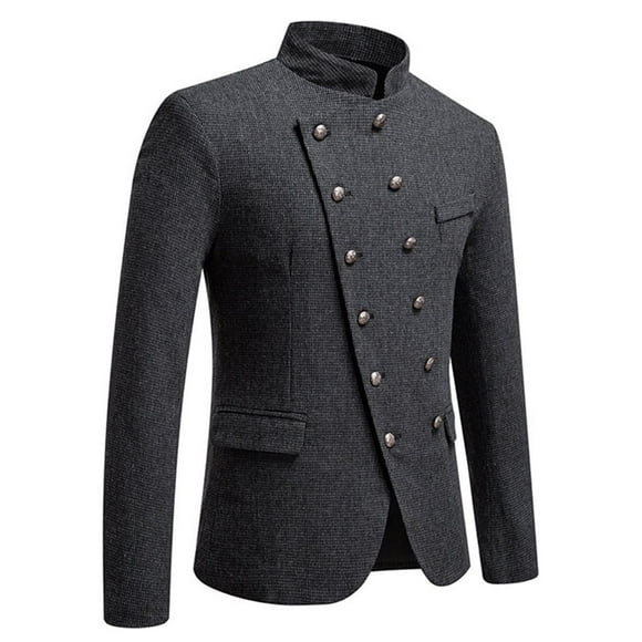 Slim Fit Men's Solid Color Business Suit Jacket with Stand Collar and Double Breasted