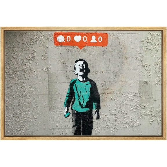 wall26 Framed Canvas Print Wall Art Banksy Kid Crying Over Social Media Graffiti & Street Art Pop Culture Illustrations Pop Art Bohemian Dark for Living Room, Bedroom, Office - 16"x24"