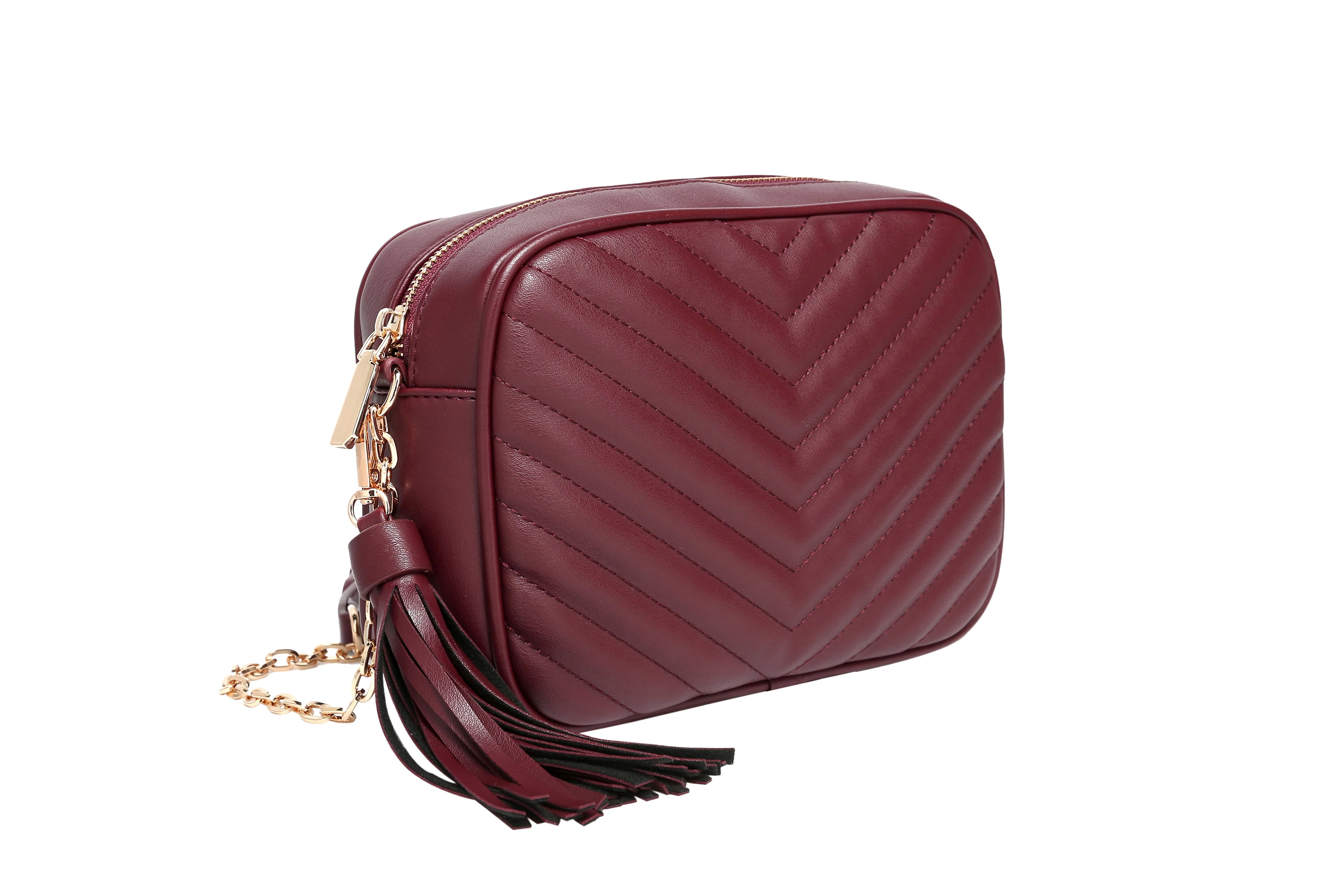 Daisy Rose Quilted Shoulder Cross body bag for Women with tassel - PU Vegan Leather - Burgundy
