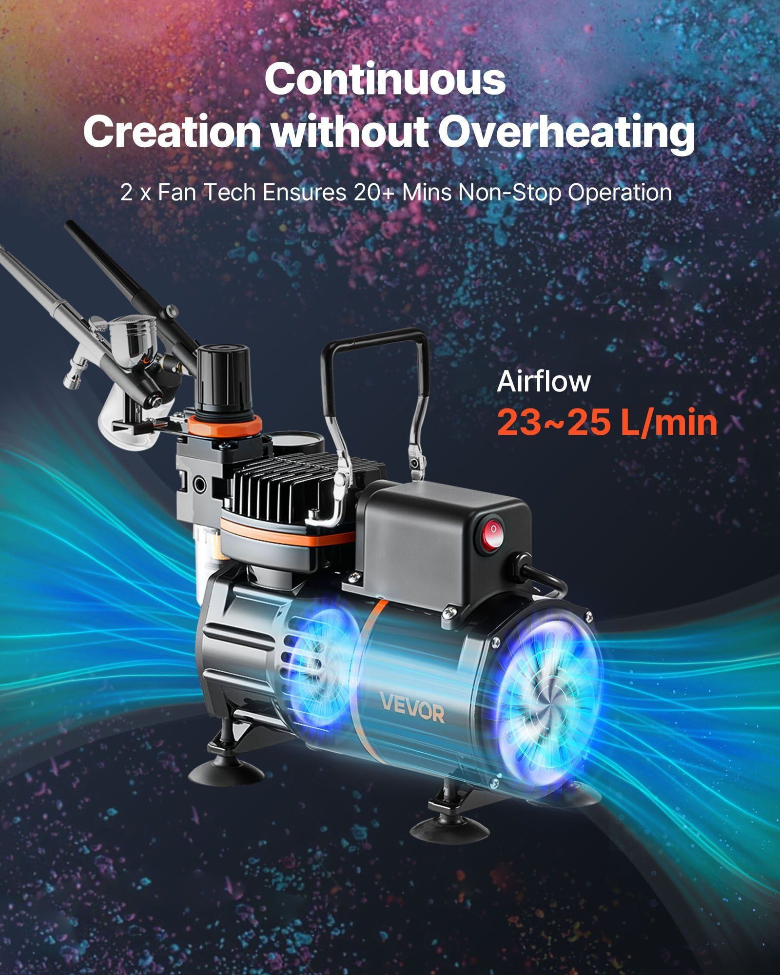 Airbrush Kit with Air Compressor 1/6 HP 3 Dual Action Professional Airbrushes Tips Hose Acrylic Paint 2 Fans Low Noise for Cake Decorating Model Painting Nail Art