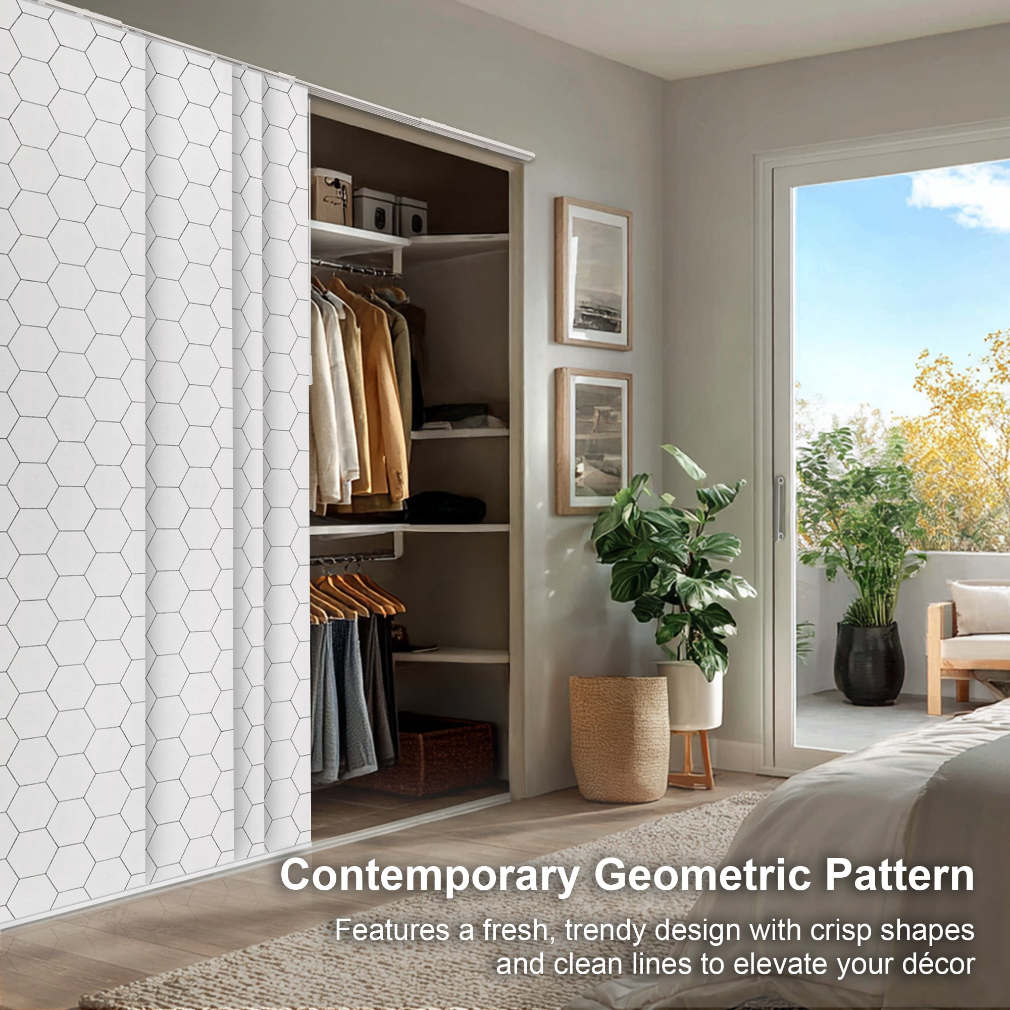 Chicology Adjustable Sliding Panel Blinds. Hexagon, 46"-86"W X 0"-96"H