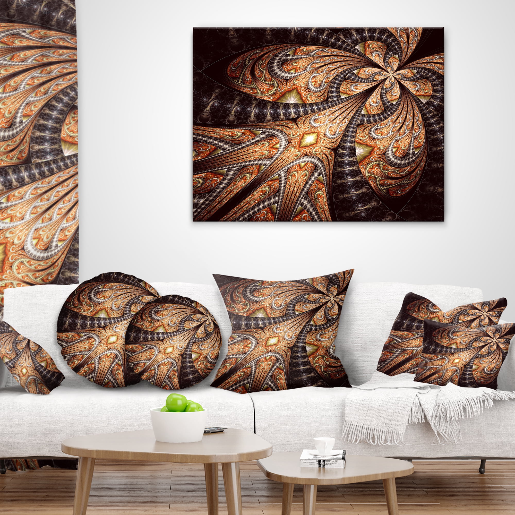 Designart Brown Symmetrical Fractal Flower - Abstract Throw Pillow - 12x20