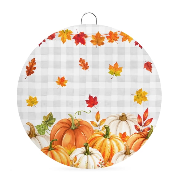 Thanksgiving Pumpkin Welcome Sign for Front Door 6 in Fall Harvest Red Berry Maple Leaf Grey Plaid Round Metal Sign Wall Hanging Sign for Indoor Outdoor Farm Home Porch Wall Decor Thanksgiving Gift