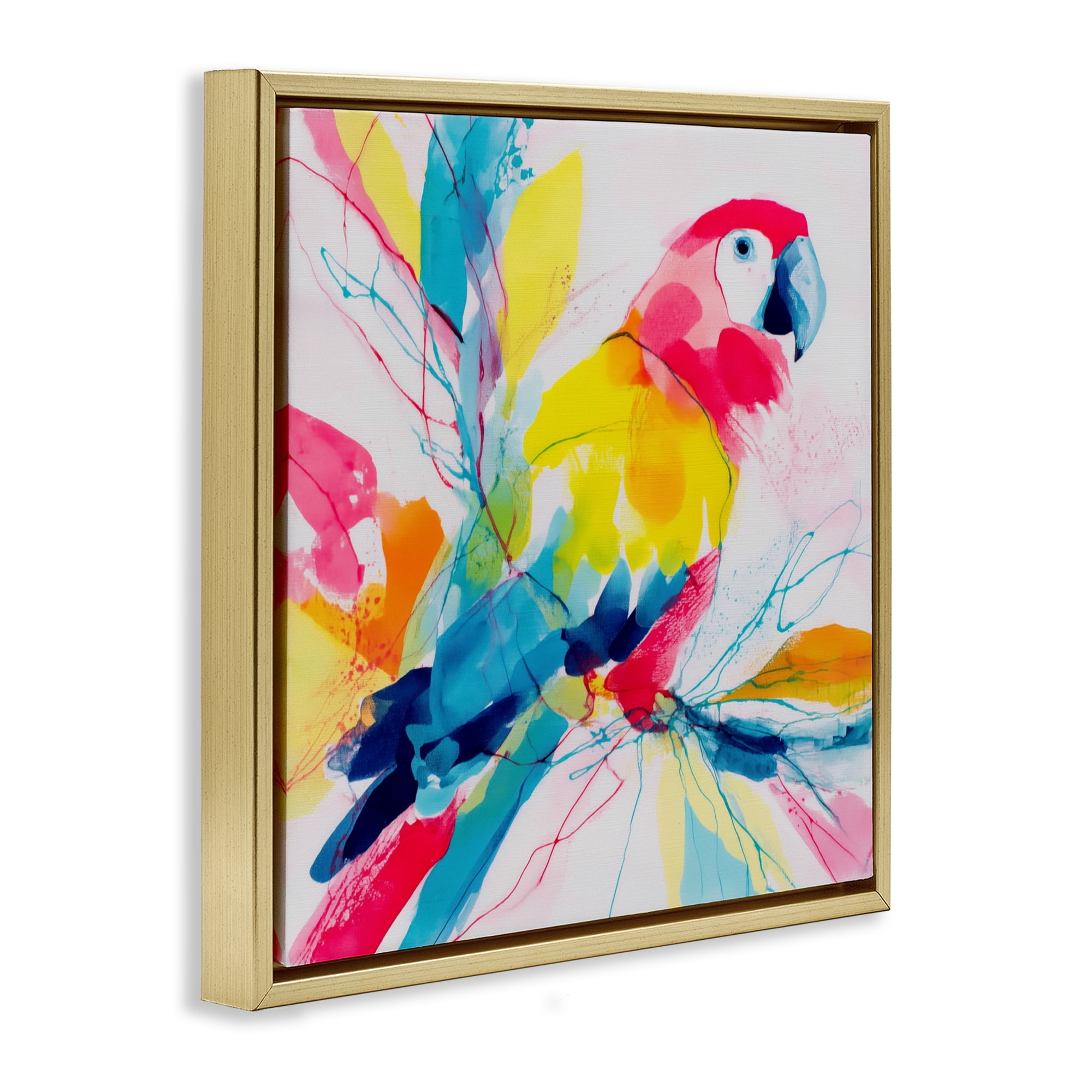 Stupell Industries Expressive Parrot in Bloom Gold Framed Floater Canvas Wall Art, design by Chromatic Storm Studio