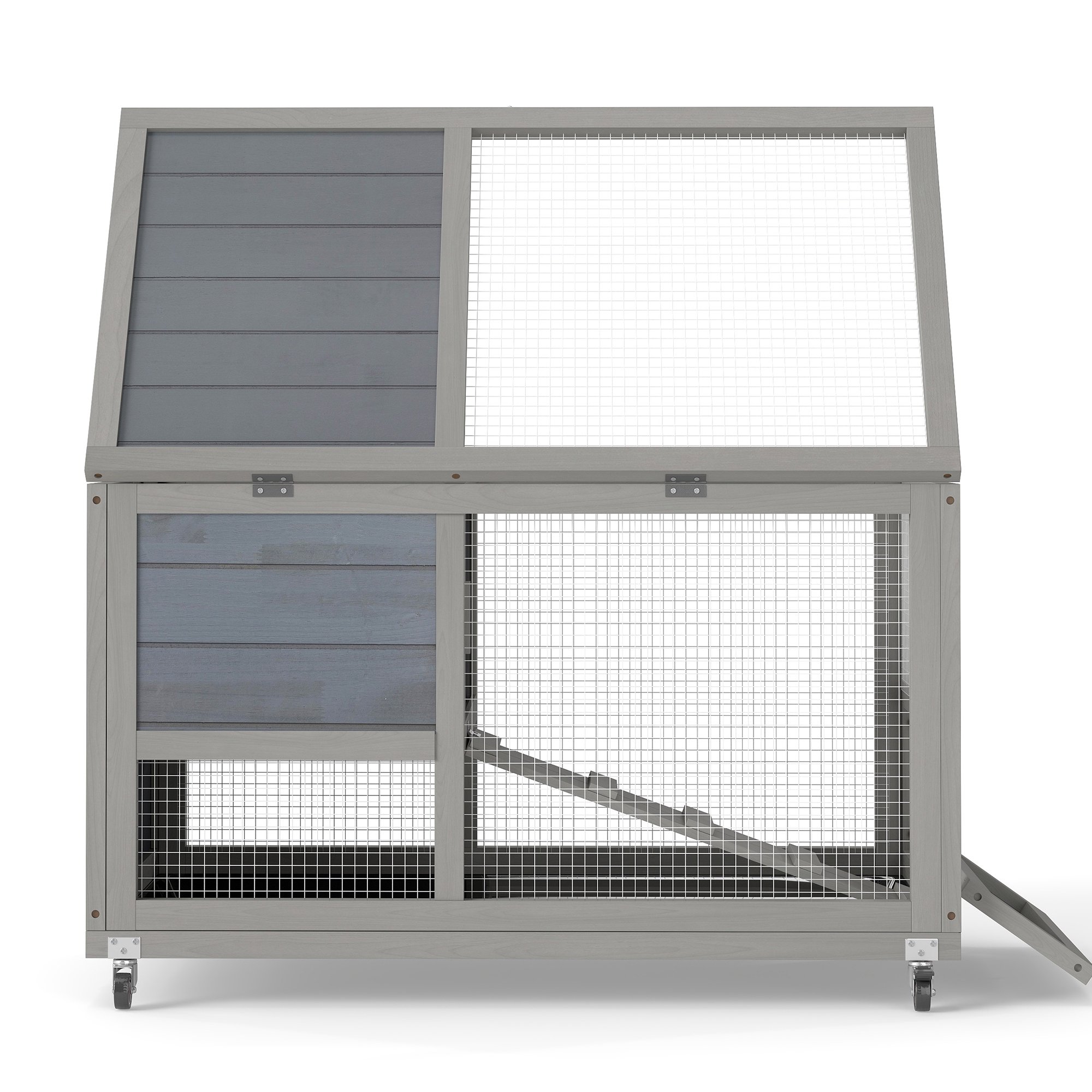 imerelez 2-Tier Bunny Hutch, Wood Rabbit Cage on Wheels with Openable Roof, Ramp, Easy-to-Clean Tray, Guinea Pig Pet House for Small Animals, Gray with Colorful Patterns