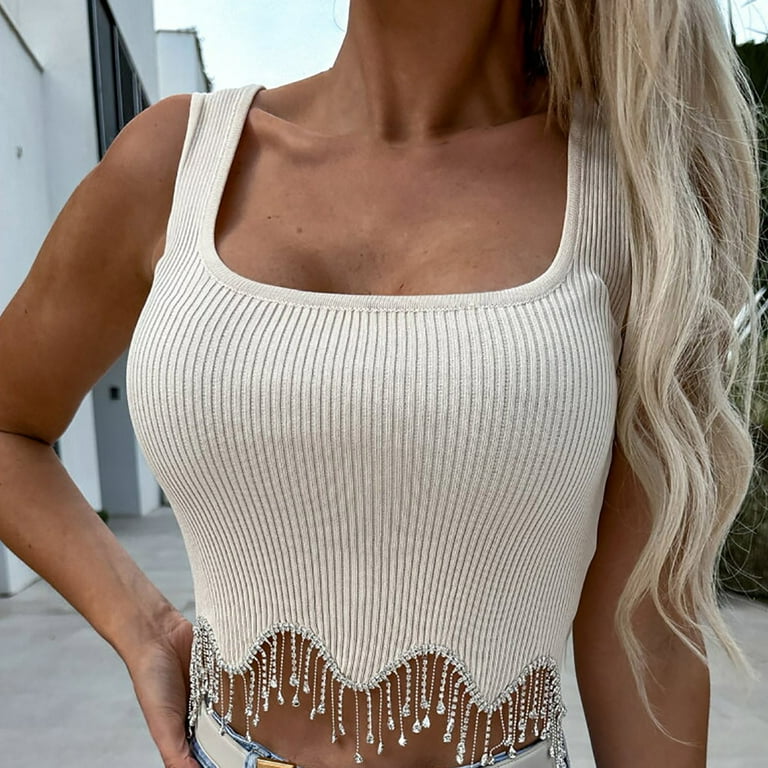fartey Womens Trendy Tank Tops Sparkly Rhinestone Fringe Knit Crop Top Casual Sleeveless Square Neck Solid Color Vest Shirts
