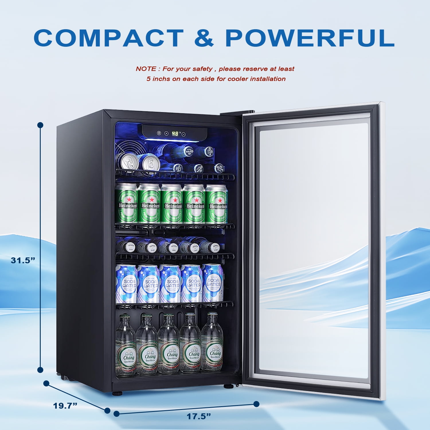 FREE VILLAGE Beverage Refrigerator Cooler, 100 Can Mini Fridge Glass Door for Soda Beer or Wine Small Drink Dispenser Adjustable Clear Front for Home, Office or Bar, 3.2 cu.ft