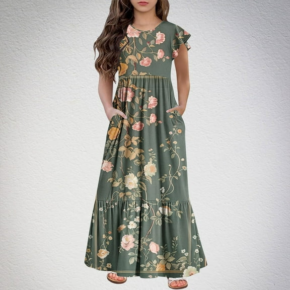 Fatuov Kids Girls Summer Dress Flowy Long Casual Dress Crew Neck Floral Print Short Sleeve Play Dress Green, Sizes 8 Years