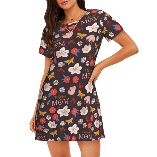 Fotbe To The Best Mom Bata de Dormir para Mujer con Estampado, Camisón de Algodón de Manga Corta, Ropa de Dormir Casual