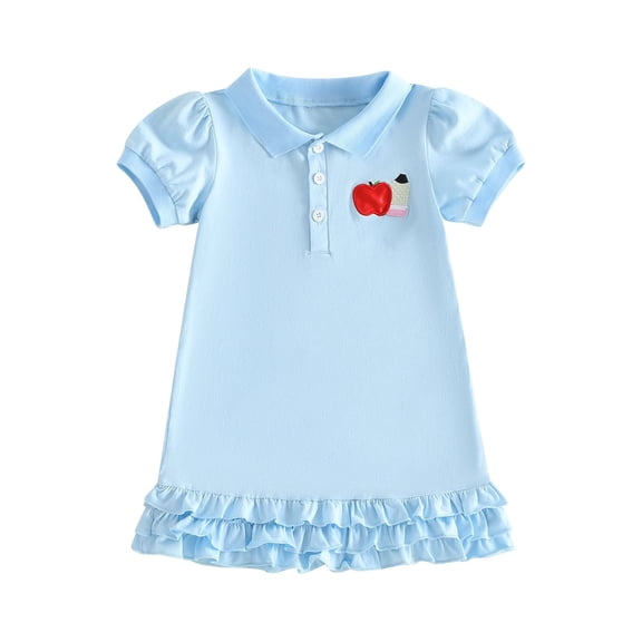 BemeyourBBs Toddler Baby Girls Back to School Dress Kindergarten Outfits Baby Girl First Day of School Outfit Cute Apple Embroidery Puff Short Sleeve Collared Button Summer Ruffled Dress