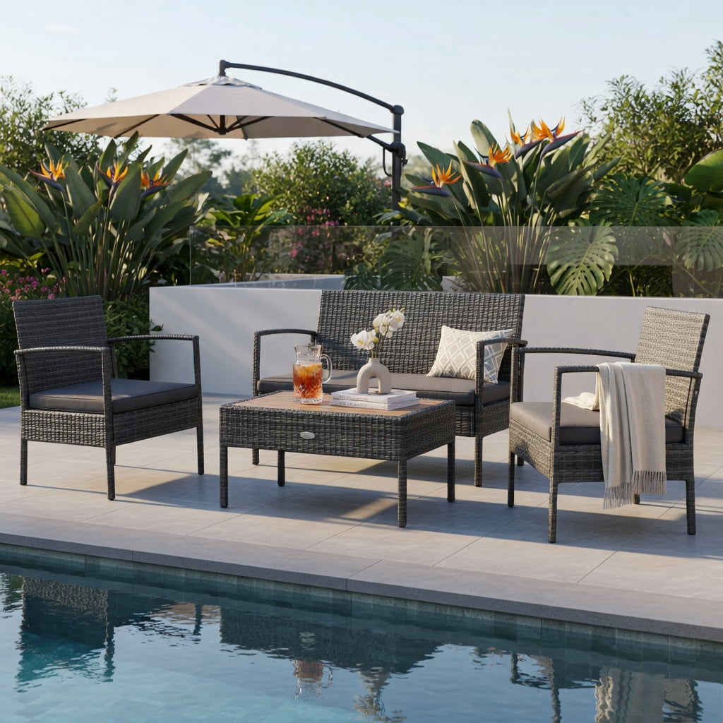 Hommoo 4-Piece Outdoor Patio Furniture Set, Steel Glider Loveseat, Tempered Glass Coffee Table + 2 Spring Rocking Dining Chairs for Backyard, Poolside & Garden, Brown