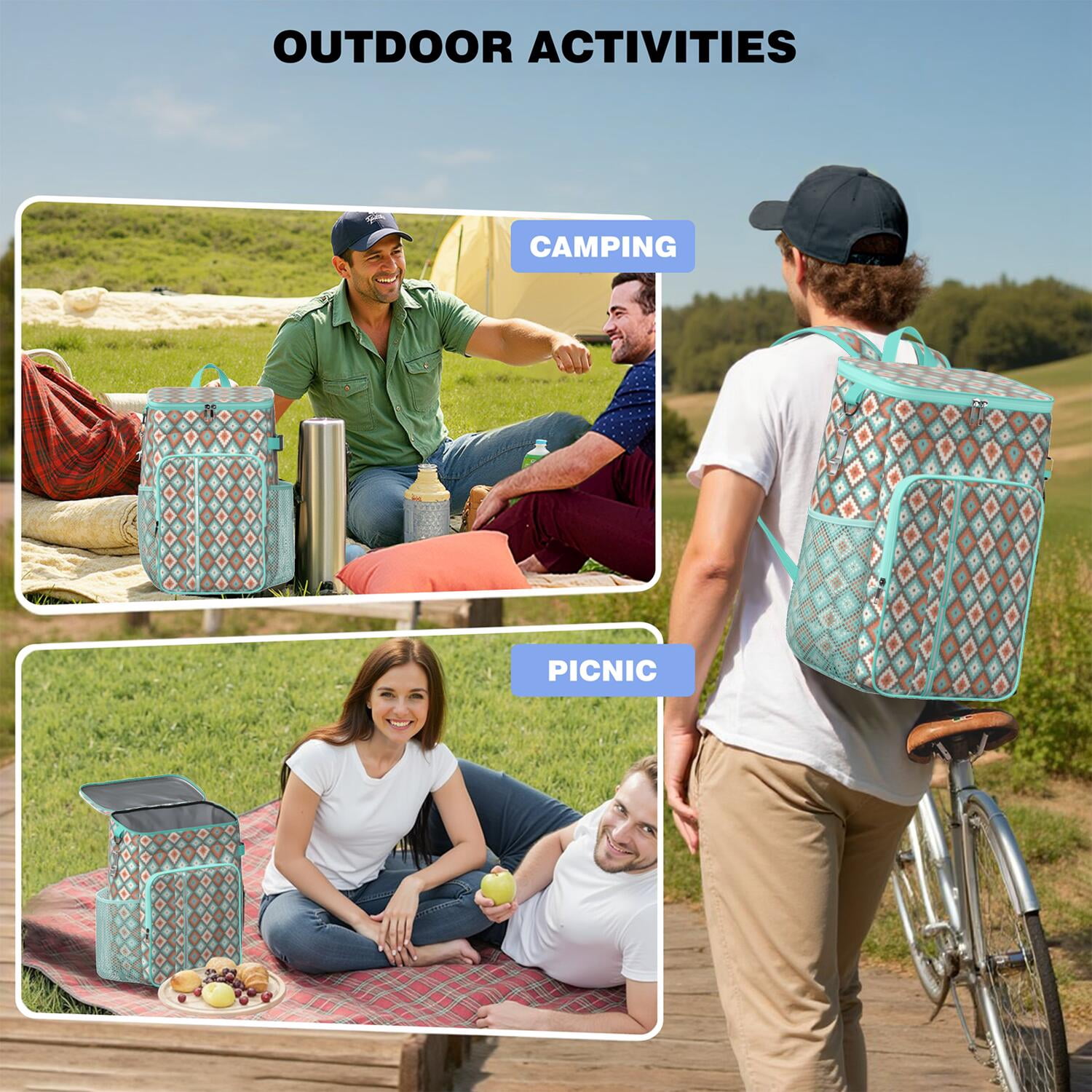 Travel Cooler Bag - Boho Bohemia Flower Camping Beer Cooler Backpack with Bottle Opener- Waterproof Insulated Picnic Backpacks - Cooler Bag for Beach