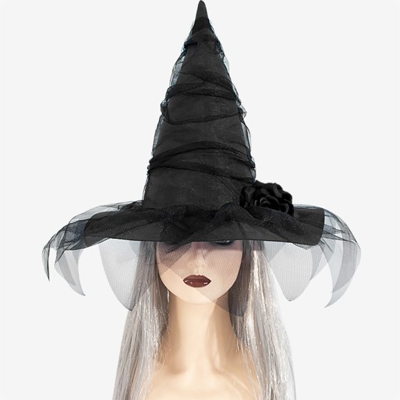 Odeerbi Womens Halloween Witch Hat Rose Tulle Wide Brim Pointed Tall Hat Party Dress Up Accessory