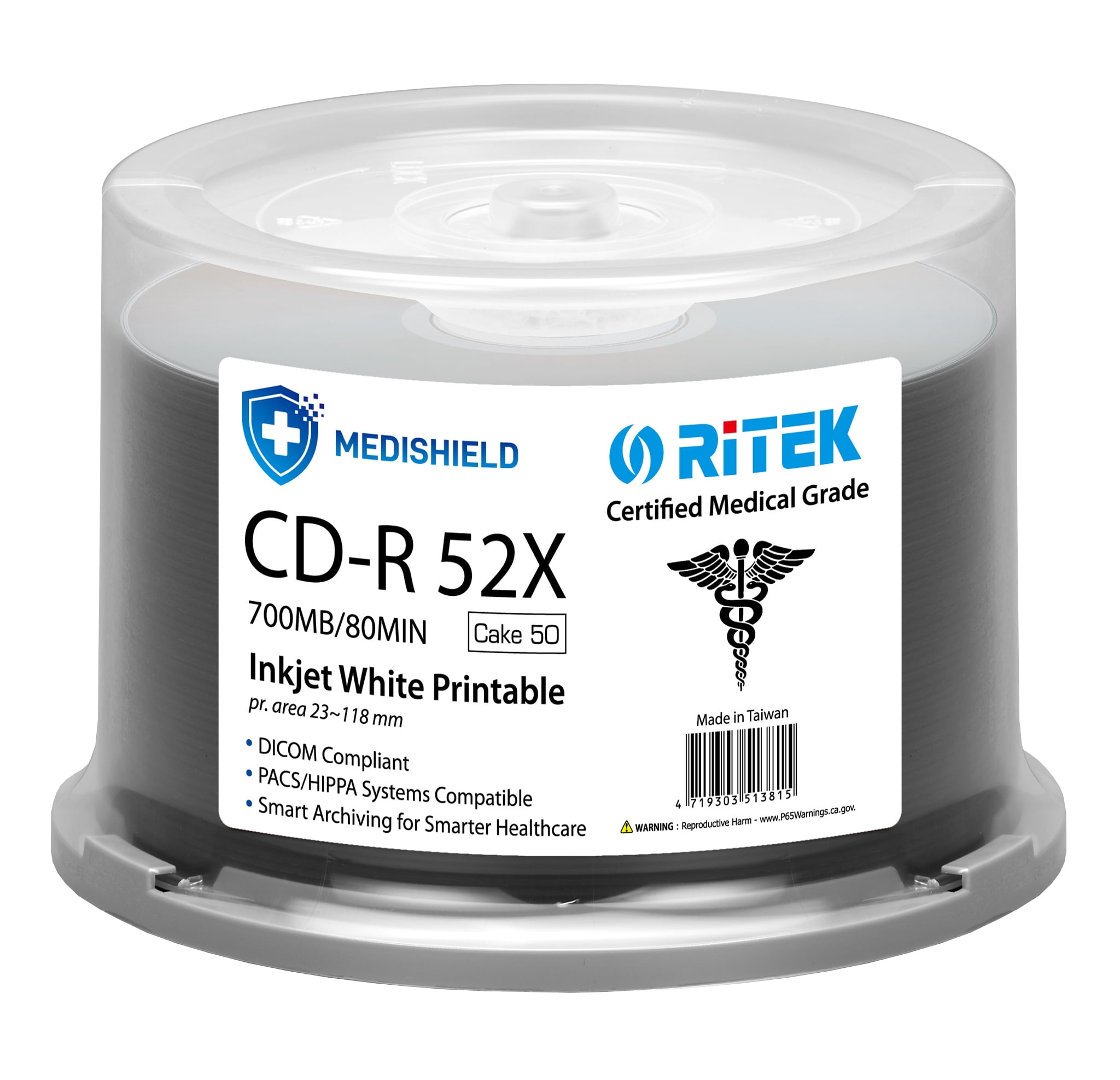 50 Pack Ritek Medishield Medical Grade CD-R 52X 700MB/80Min DICOM Compliant / PACS/Hippa Systems Compatible / Smart Archiving for Smarter Healthcare White Inkjet Hub Printable Blank Recordable Disc