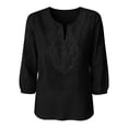 thumbnail image 5 of Women's Cotton Linen 3/4 Sleeve V Neck Lace Blouse Loose Fit Casual, 5 of 7