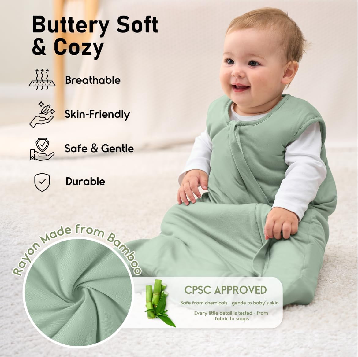 Yoofoss Rayon Made from Bamboo Baby Sleep Sack 12-18 Months 1.0 Tog Baby Wearable Blanket, Super Soft Infant Toddler Sleeping Sack 2-Way Zipper