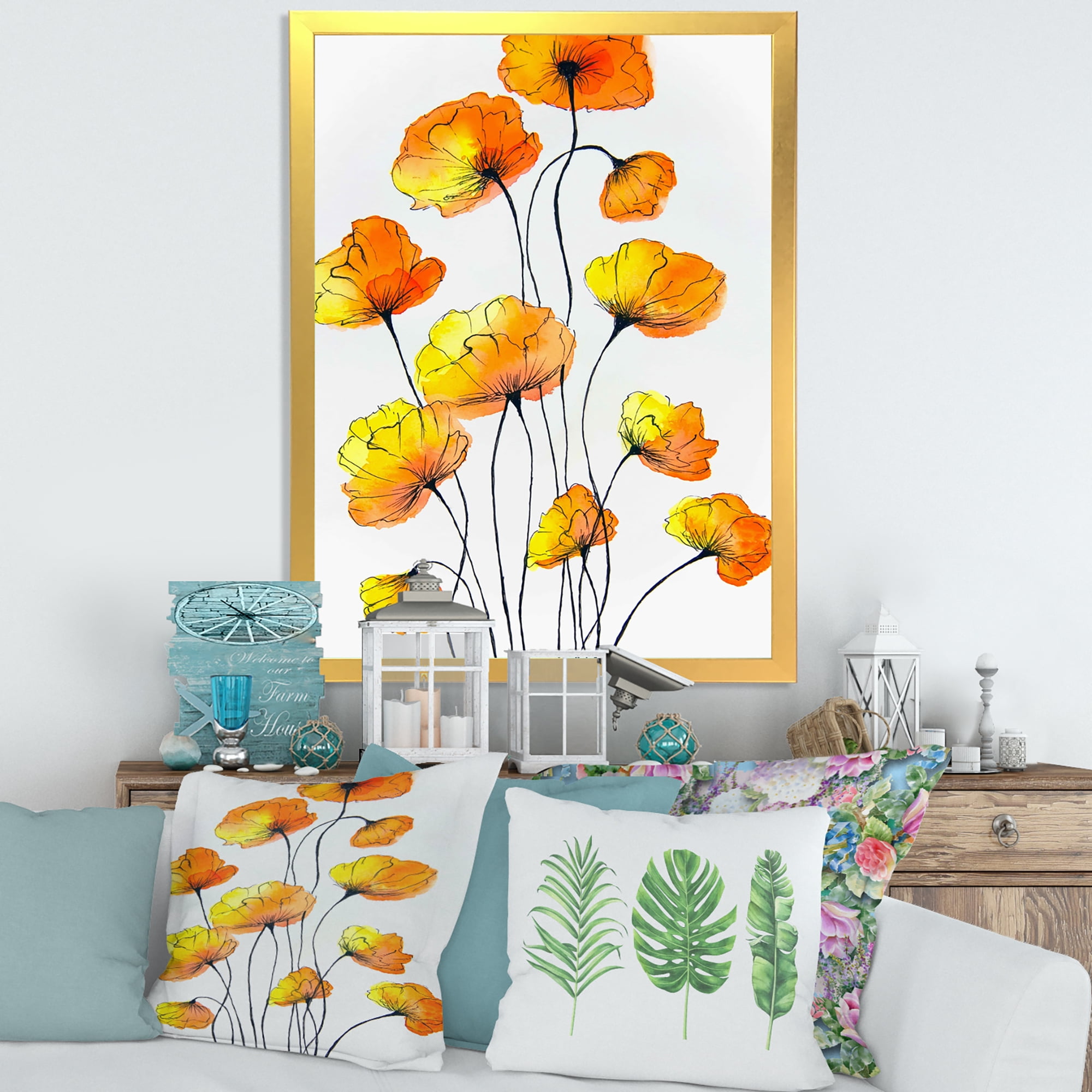 Designart 'Country Yellow Flowers On White' Traditional Framed Art Print