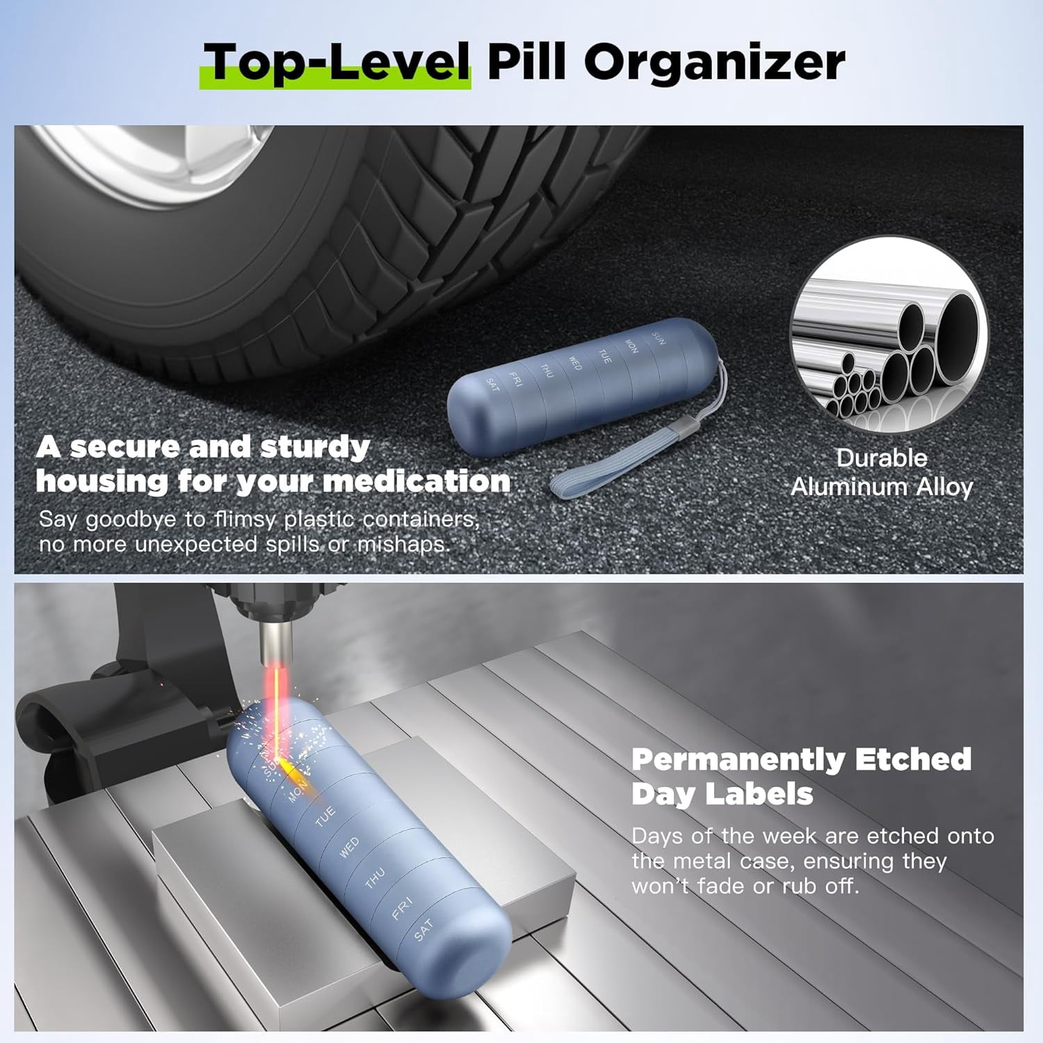 Metal Travel Pill Organizer, Portable Waterproof Weekly Pill Box, Large Aluminum Alloy Pill Case Container, BPA Free 7 Day Daily Medicine Organizer Holder for Vitamin, Supplement