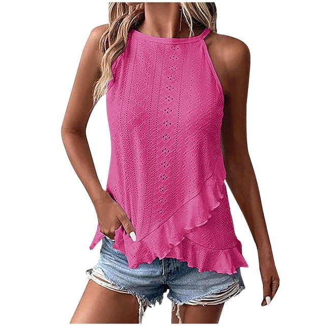 HNMKIU Womens Camisole Tank Tops Women's Sleeveless Top With Eyelet Embroidery And Ruffle Trim