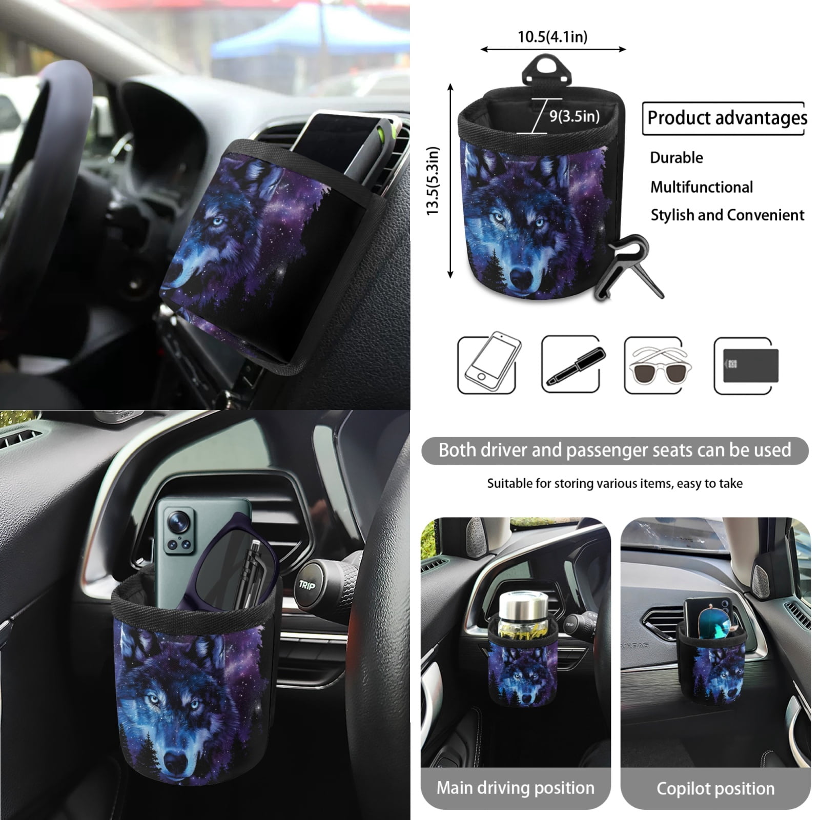 Garronmavis Star Wolf 15 PCS Universal Fit Car Seat Cover Full Set Cup Mats Car Seat Covers Steering Wheel Cover Keychain Car Trash Can Car Dash Accessories Auto Rear View Mirror Covers