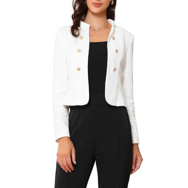 BLAZER DE TWEED PARA MUJER INSPIRE CHIC CON CUELLO ALZADO Y CIERRE FRONTAL ABIERTO XL BLANCO CLARO