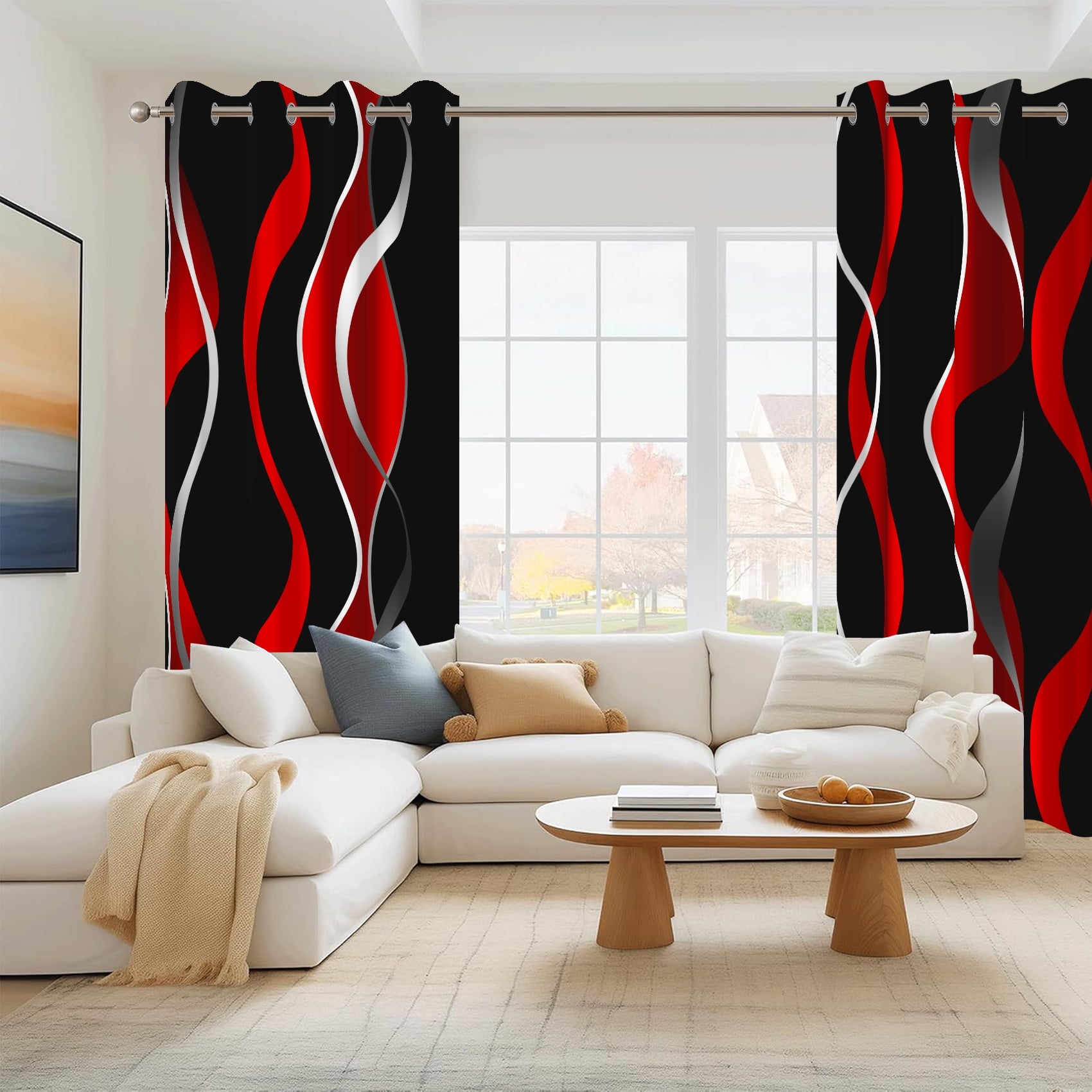 2 Panels Red and Black Blackout Curtain for Bedroom,Modern Striped Grommet Window Drapes for Living Room,52x84 Inch