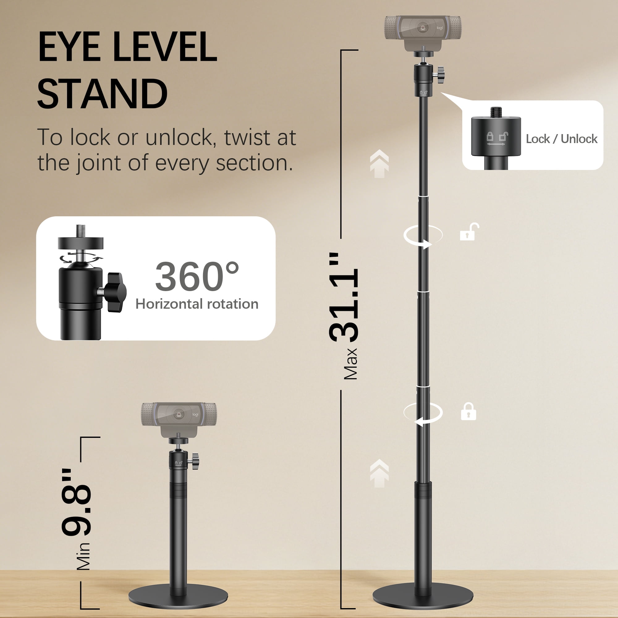 InnoGear 31" Webcam Stand with Phone Holder Telescopic Web Cam Mount Vlogging Stick for Logitech Webcam C920 C615 C920x C922 C930e C920S C960 BRIO 4K NexiGo N60 and Others