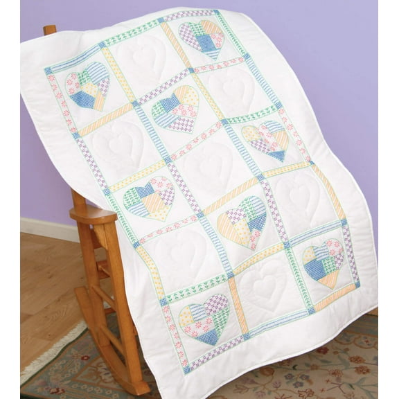Jack Dempsey Stamped White Lap Quilt Top 38 X58 Patchwork Hearts