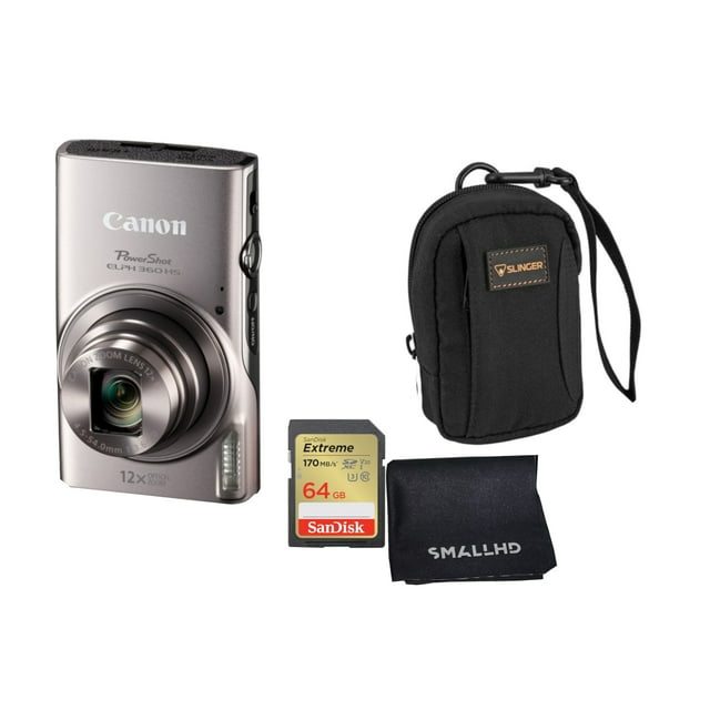 Canon PowerShot ELPH 360 HS Digital Camera Bundled with Accessory Kit (SanDisk 64GB Memory Card and Camera Pouch/Bag and Cleaning Cloth) - SILVER