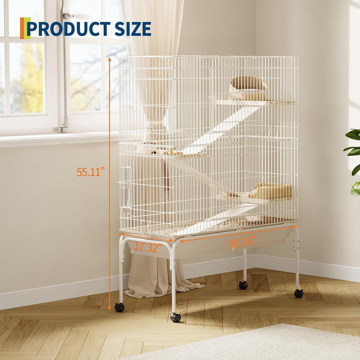 QinaQin 40-Inch Metal Small Animal Cage with Wheels – Multi-Level Habitat, Deep Tray, Removable Ramps, Easy Cleaning, Secure, Includes Water Bottle & Food Bowl,White