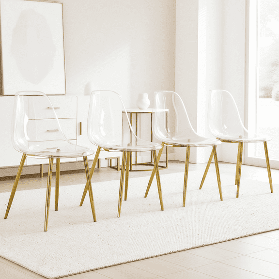 NYEESS Set of 4 Clear Transparent Dining Chairs Armless with Gold Metal Legs Modern Acrylic Side Chairs for Kitchen Dining Room