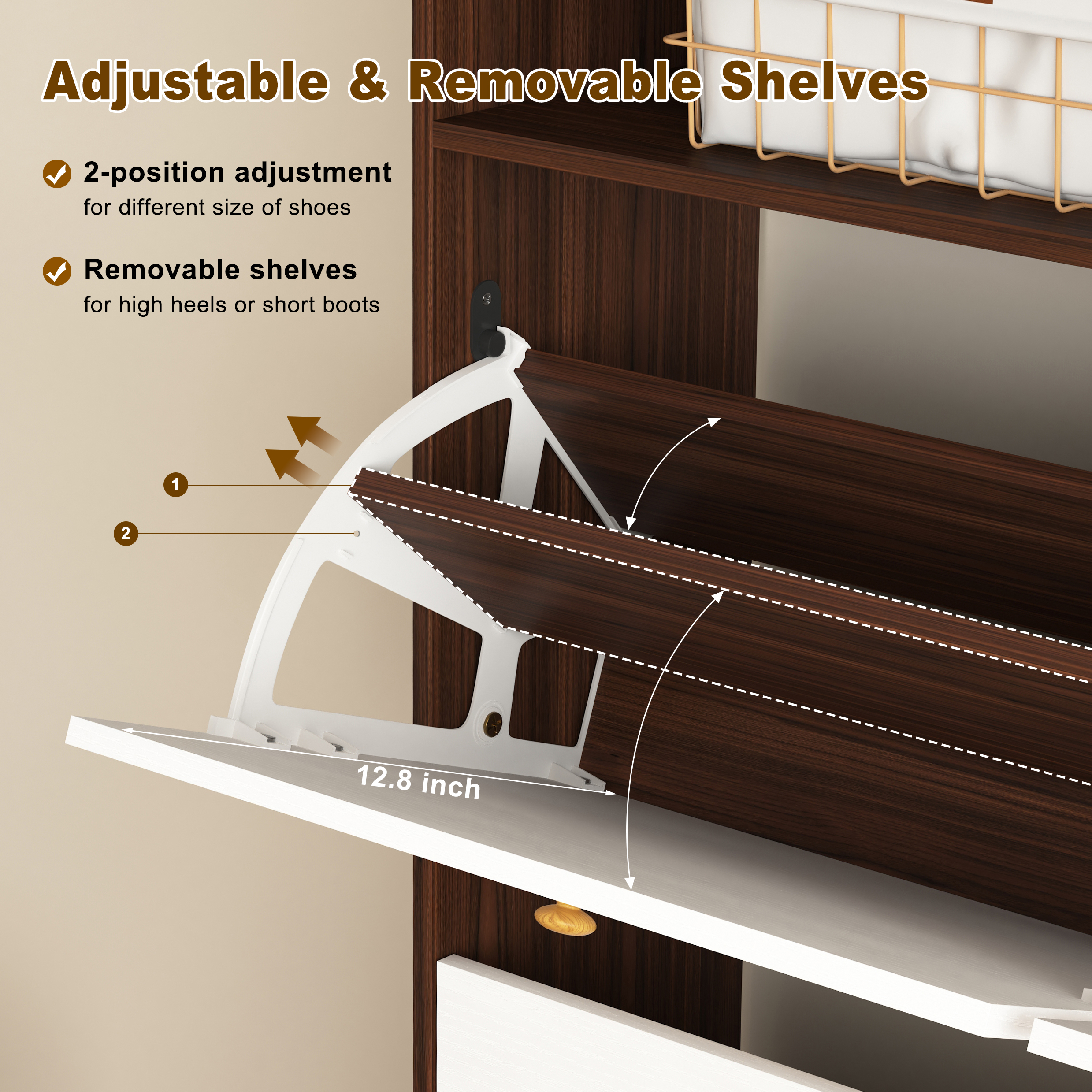 MAYEERTY Shoe Storage Cabinet with 4 Flip Drawers – Walnut Finish