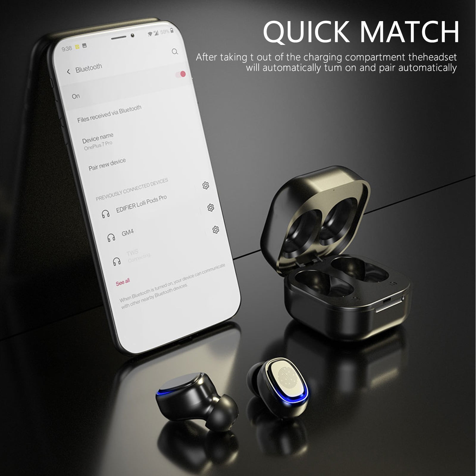 Bluetooth Headphones True Wireless Earbuds 60H Playback LED Power Display Earphones with Wireless Charging Case IPX5 Waterproof in-Ear Earbuds with Mic for TV Smart Phone Laptop Computer Sports,Black