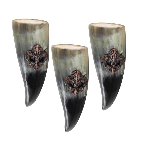 Armory Replicas Kings Musketeers Drinking Horn Set – Polished Natural Horns with Copper Fleur de Lis | Set of 3 for Celebrations.