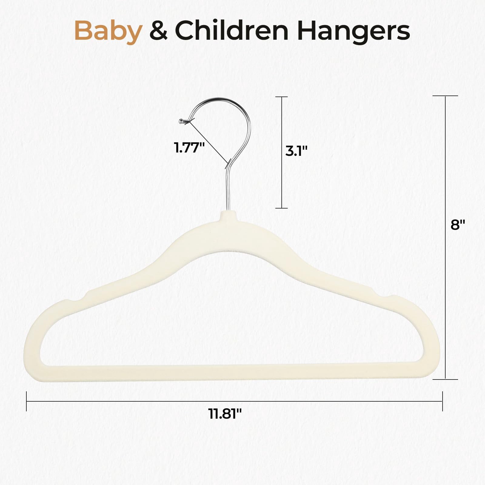 Kids Velvet Hangers 50 Pack 11.8 Inch Non-Slip Baby Toddler Clothes Hangers with Notches and Swivel Hooks Space-Saving Beige