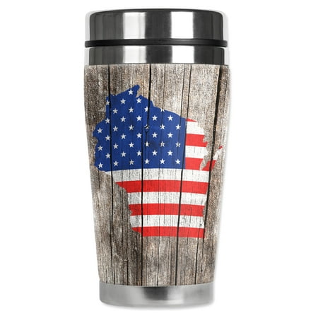 Mugzie brand 16-Ounce Stainless Steel Travel Mug with Insulated Wetsuit Cover - Wisconsin